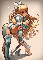 Rule 34 | 1girl, arm guards, armor, ass, axe, bent over, bikini armor, blonde hair, blue eyes, bow, breasts, charlotte (fire emblem), cleavage, fire emblem, fire emblem fates, gradient background, high heels, highres, holding, holding weapon, large breasts, leg armor, long hair, nintendo, panties, ravenousruss, shoes, shoulder armor, sleeveless, standing, underwear, weapon