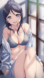 Rule 34 | 1girl, :d, absurdres, bare shoulders, bikini, blue hair, breasts, cleavage, collarbone, commentary request, dress shirt, grey bikini, highres, indoors, knee up, large breasts, long hair, long sleeves, looking at viewer, love live!, love live! sunshine!!, matsuura kanan, medium breasts, off shoulder, open clothes, open mouth, open shirt, ponytail, purple eyes, shirt, sidelocks, sitting, smile, solo, swimsuit, teeth, thighs, upper teeth only, white shirt, yamaori (yamaorimon)