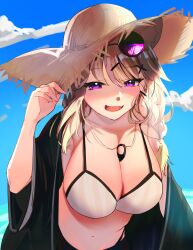 Rule 34 | 1girl, animal ears, aqua nails, arknights, bikini, blue sky, blush, breasts, brown hair, cleavage, eyewear on head, fang, highres, jewelry, large breasts, looking at viewer, midriff, necklace, official alternate costume, open clothes, open mouth, outdoors, purple-tinted eyewear, purple eyes, sky, smile, solo, swimsuit, tinted eyewear, upper body, utage (arknights), utage (summer flowers) (arknights), white bikini, wide sleeves, yoshimori isa