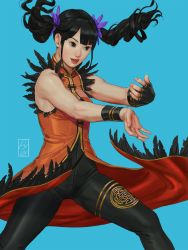 Rule 34 | black hair, blue background, brown eyes, highres, ling xiaoyu, namco, open mouth, pxvx, red lips, solo, tekken