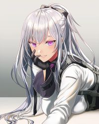 Rule 34 | 1girl, ak-12 (girls&#039; frontline), artificial eye, bad id, bad twitter id, braid, breasts, french braid, girls&#039; frontline, grey background, hand on own face, long hair, looking at viewer, lying, mechanical eye, medium breasts, on stomach, parted lips, pink eyes, ponytail, silence girl, silver hair, smile, solo, very long hair