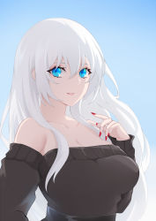 Rule 34 | 1girl, azur lane, bare shoulders, belfast (azur lane), blue background, blue eyes, breasts, brown sweater, cleavage, highres, large breasts, long hair, looking at viewer, nail polish, off-shoulder sweater, off shoulder, simple background, solo, sweater, toki to shishin, upper body, white hair