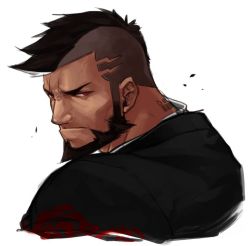Rule 34 | 1boy, beard, black hair, cropped shoulders, cyphers, damian doyle (cyphers), dark skin, dark-skinned male, facial hair, formal, from behind, gomtang, looking at viewer, male focus, mature male, mohawk, red eyes, short hair, solo, suit, third-party source