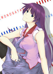 Rule 34 | 1girl, absurdres, arm rest, arm support, bakemonogatari, bare arms, black thighhighs, blue eyes, blue necktie, blue skirt, breasts, closed mouth, collar, collarbone, collared shirt, commentary, copyright name, cowboy shot, english commentary, from side, hair between eyes, head tilt, highres, holding, knee up, long hair, looking at viewer, looking to the side, medium breasts, monogatari (series), necktie, pink shirt, pleated skirt, purple hair, red collar, rei kun, school uniform, senjougahara hitagi, shirt, sidelocks, simple background, sitting, skirt, sleeves rolled up, solo, stapler, thighhighs, white background