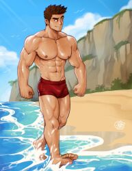 Rule 34 | 1boy, artist name, bara, beach, biceps, bird, brown hair, bulge, cloud, cloudy sky, commentary, english commentary, highres, large pectorals, logo, looking to the side, male focus, manly, mature male, mondoart, muscular, muscular male, nipples, original, outdoors, pectorals, raeyr (mondo), sand, seagull, short hair, signature, sky, solo, spiked hair, swimsuit, thick arms, thick eyebrows, thick thighs, thighs, walking, water, wet