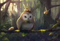 Rule 34 | animal focus, artist name, backlighting, bird, black eyes, blurry, branch, bug, closed eyes, collaboration, creatures (company), cutiefly, day, depth of field, full body, game freak, gen 7 pokemon, highres, huge filesize, jungle, krooku, light particles, light rays, looking at viewer, moss, nature, nintendo, no humans, on head, owl, pokemon, pokemon (creature), pokemon on head, pokemon sm, realistic, rowlet, sunlight, yhoukka