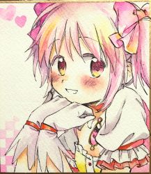 Rule 34 | 1girl, arms up, blush, checkered background, close-up, flat chest, frilled sleeves, frills, gloves, hair between eyes, hair ribbon, hands on own chin, hands on own face, head rest, heart, heart background, highres, kaname madoka, looking at viewer, mahou shoujo madoka magica, mahou shoujo madoka magica (anime), multicolored eyes, no+bi=, orange eyes, painting (medium), parted lips, pink eyes, pink hair, pink ribbon, puffy short sleeves, puffy sleeves, ribbon, shikishi, short sleeves, short twintails, sidelocks, simple background, solo, soul gem, traditional media, twintails, upper body, watercolor (medium), white background, white gloves