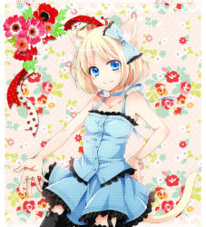 Rule 34 | 1girl, animal ears, bare shoulders, black thighhighs, blue dress, blue eyes, blue skirt, blush, bob cut, body blush, bow, bracelet, cat ears, cat tail, choker, dress, garter straps, hair bow, hand on own hip, hip focus, jewelry, kubyou azami, looking at viewer, original, outstretched hand, polka dot, ribbon choker, ring, short hair, skirt, skirt set, smile, solo, tail, thighhighs, zettai ryouiki