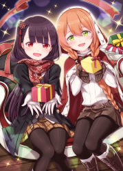 Rule 34 | 2girls, black gloves, black hair, black jacket, black legwear, black vest, boots, box, braid, brown footwear, brown hair, brown skirt, cape, commentary request, enpera, feet out of frame, gift, gift box, girls&#039; frontline, gloves, green eyes, hair between eyes, hair over shoulder, hands up, harada (sansei rain), highres, holding, holding gift, jacket, knees together feet apart, long hair, long sleeves, looking at viewer, multiple girls, official alternate costume, one side up, pantyhose, pleated skirt, red cape, red eyes, red scarf, ribbed sweater, scarf, shirt, sitting, skirt, springfield (girls&#039; frontline), springfield (o holy night) (girls&#039; frontline), sweater, twin braids, very long hair, vest, wa2000 (date in the snow) (girls&#039; frontline), wa2000 (girls&#039; frontline), white gloves, white shirt, white sweater