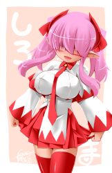 Rule 34 | 1girl, blush, breasts, capelet, demon girl, demon horns, hair over eyes, hisame genta, horns, large breasts, long hair, necktie, open mouth, original, pointy ears, red necktie, red thighhighs, robe, sidelocks, smile, solo, thighhighs, twintails, white mage (final fantasy)