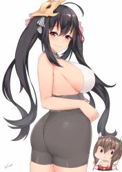Rule 34 | 2girls, ahoge, artist name, ass, azur lane, bare shoulders, bike shorts, black hair, black shorts, blush, breasts, brown hair, closed mouth, cosplay, costume switch, covered erect nipples, crossover, dress, flat chest, hair between eyes, hair ornament, hair ribbon, headband, headgear, highres, historical name connection, japanese clothes, kantai collection, kuavera, large breasts, long hair, looking at viewer, looking back, multiple girls, name connection, red dress, red eyes, ribbon, short hair, shorts, sideboob, signature, simple background, smile, solid oval eyes, sweatdrop, taihou (azur lane), taihou (azur lane) (cosplay), taihou (kancolle), taihou (kancolle) (cosplay), twintails, white background