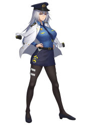 Rule 34 | &gt;:(, 1girl, belt, black pantyhose, black skirt, blue necktie, breast pocket, breasts, closed mouth, cuffs, frown, full body, grey eyes, hair between eyes, handcuffs, hat, high heels, highres, jacket, jacket on shoulders, large breasts, looking at viewer, minami koyogi, necktie, original, pantyhose, peaked cap, pencil skirt, pocket, police, police badge, police uniform, policewoman, serious, silver hair, skirt, solo, standing, thighhighs, uniform, v-shaped eyebrows, white background