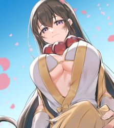 Rule 34 | 1girl, bare shoulders, bead necklace, beads, bikini, blue sky, breasts, brown hair, cleavage, detached sleeves, fate/grand order, fate (series), hair between eyes, highres, japanese clothes, jewelry, kan&#039;yu (citron 82), kimono, large breasts, long hair, looking at viewer, necklace, petals, prayer beads, purple eyes, sky, sleeveless, sleeveless kimono, smile, swimsuit, white kimono, xuangzang sanzang (fate)