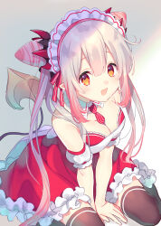 Rule 34 | 1girl, :d, bare shoulders, between breasts, between legs, breasts, brown thighhighs, cleavage, cone hair bun, demon tail, detached sleeves, dress, frilled dress, frills, gradient hair, grey background, grey hair, hair bun, hand between legs, highres, indie virtual youtuber, kusumoto shizuru, long hair, looking at viewer, maid headdress, medium breasts, multicolored hair, necktie, necktie between breasts, open mouth, pink hair, puffy short sleeves, puffy sleeves, red dress, red eyes, short sleeves, sitting, smile, solo, striped necktie, suou patra, tail, thighhighs, vertical-striped clothes, vertical-striped necktie, very long hair, virtual youtuber, wariza, white sleeves