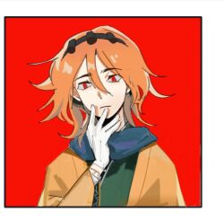 Rule 34 | 1other, androgynous, ascot, black hairband, closed mouth, cocopalm, gloves, hair between eyes, hairband, hand on own chin, haori, jacket, japanese clothes, len&#039;en, long sleeves, looking at viewer, medium hair, open clothes, open jacket, orange hair, other focus, portrait, red eyes, solo, white gloves, yellow ascot, zuifeng tenkai