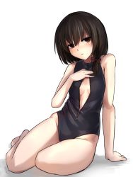 Rule 34 | 1girl, barefoot, brown eyes, brown hair, cleavage cutout, clothing cutout, front zipper swimsuit, hair ribbon, highleg, highleg swimsuit, janne cherry, looking at viewer, meme attire, one-piece swimsuit, ribbon, sitting, solo, swimsuit, touhou, unzipped, usami renko, zipper
