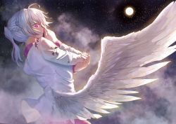 Rule 34 | 1girl, absurdres, ahoge, arm rest, behind another, beige jacket, blurry, braid, cloud, cowboy shot, depth of field, dress, feathered wings, finger on forehead, fingernails, french braid, from side, gradient hair, grey wings, highres, holding own arm, kishin sagume, long sleeves, looking at viewer, looking to the side, luan ib, moon, moonlight, multicolored hair, night, night sky, pink eyes, ponytail, purple dress, short hair, single wing, sky, solo, star (sky), starry sky, touhou, white hair, white wings, wings