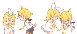 Rule 34 | 1boy, 1girl, absurdres, aged down, angry, arguing, biting, blonde hair, blue eyes, blush, bow, brother and sister, child, covering face, crying, crying with eyes open, dress, grabbing another&#039;s hair, hair bow, hands on own head, highres, hmniao, kagamine len, kagamine rin, necktie, sailor collar, sailor dress, short ponytail, shorts, siblings, tearing up, tears, twins, vocaloid, wavy mouth, white bow, yellow necktie