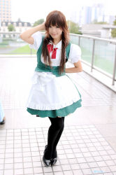 Rule 34 | 1girl, apron, asian, black footwear, black pantyhose, blurry, bow, brown eyes, brown hair, contrapposto, copyright request, cosplay, cosplay photo, depth of field, frills, kipi-san, long hair, looking at viewer, maid, maid apron, mole, outdoors, pantyhose, photo (medium), real life, shoes, solo, standing, waist apron, waitress