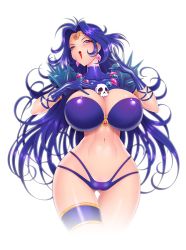 Rule 34 | 1girl, akiranime, armor, bikini, breasts, bursting breasts, circlet, cleavage, curvy, earrings, forehead jewel, gloves, huge breasts, jewelry, lipstick, long hair, looking at viewer, makeup, naga the serpent, navel, necklace, ojou-sama pose, open mouth, purple gloves, purple hair, revealing clothes, shiny skin, shoulder pads, shoulder spikes, slayers, smile, solo, spikes, swimsuit, thigh gap, thong, white background