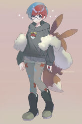 Rule 34 | 1girl, absurdres, backpack, bag, black-framed eyewear, black footwear, blue hair, boots, brown bag, closed mouth, commentary request, creatures (company), full body, game freak, glasses, grey eyes, highres, holding, holding poke ball, hood, hoodie, long sleeves, looking at viewer, multicolored hair, nintendo, pantyhose, penny (pokemon), poke ball, poke ball (basic), poke ball print, pokemon, pokemon sv, print pantyhose, red hair, round eyewear, see-through, see-through skirt, shorts, shorts under skirt, skirt, solo, standing, star (symbol), two-tone hair, valentine (02140314c)