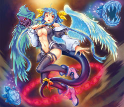 Rule 34 | 1girl, angel wings, arc system works, asymmetrical wings, blue hair, bow, breasts, center opening, cleavage, dizzy (guilty gear), fangs, glowing, glowing eyes, guilty gear, hair bow, high heels, highres, large breasts, long hair, long sleeves, navel, necro (guilty gear), open mouth, red eyes, ribbon, shoes, skull, solo, tail, tail ornament, tail ribbon, thighhighs, toshi, twintails, underboob, wings