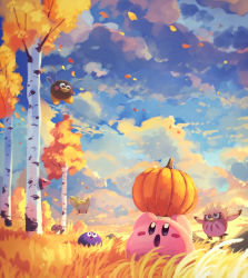 Rule 34 | absurdres, character request, cloud, cloudy sky, day, gooey (kirby), grass, grasslands, highres, kirby, kirby (series), leaf, looking up, mushroom, nintendo, open mouth, outdoors, pumpkin, revision, sky, suyasuyabi, tree