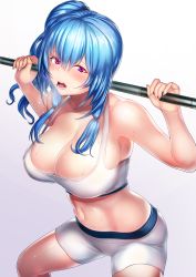 Rule 34 | 1girl, abs, ahoge, alternate costume, armpits, arms up, azur lane, barbell, bare arms, bare shoulders, bike shorts, blue hair, blush, breasts, breath, cleavage, collarbone, effort star, exercising, hair between eyes, hair ribbon, half-closed eyes, highres, holding, large breasts, long hair, looking at viewer, navel, one side up, open mouth, purple background, purple eyes, ribbon, shorts, sidelocks, simple background, smile, solo, sports bra, squatting, st. louis (azur lane), stomach, sweat, sweatdrop, thighs, tress ribbon, underwear, weightlifting, weights