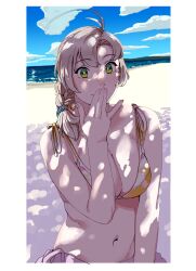 Rule 34 | 1girl, absurdres, antenna hair, beach, bikini, blue sky, braid, breasts, cleavage, cloud, commentary, covering own mouth, day, green eyes, grey hair, hair ornament, hair scrunchie, highres, kantai collection, kinugasa (kancolle), large breasts, looking at viewer, medium hair, navel, ocean, ojipon, outdoors, sand, scrunchie, shade, single braid, sky, smile, solo, stomach, swimsuit, symbol-only commentary, yellow bikini