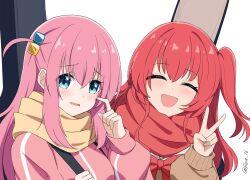 Rule 34 | 2girls, blue eyes, bocchi the rock!, breasts, brown sweater, closed eyes, cube hair ornament, gotoh hitori, guitar case, hair ornament, highres, instrument case, jacket, kita ikuyo, large breasts, long hair, looking at viewer, multiple girls, one side up, pink hair, pink jacket, pink track suit, red hair, red scarf, reia 76, scarf, school uniform, straight hair, sweater, track suit, twitter username, v, white background, yellow scarf