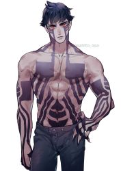 Rule 34 | 1boy, absurdres, asahito asa, black hair, full-body tattoo, highres, demi-fiend, looking at viewer, male focus, muscular, muscular male, shin megami tensei, shin megami tensei iii: nocturne, short hair, shorts, simple background, solo, tattoo, topless male