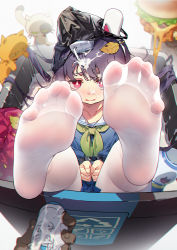 Rule 34 | 1girl, animal ears, blue archive, blue shirt, bound, bound wrists, burger, cat, fake animal ears, feet, food, foot focus, foreshortening, green neckerchief, highres, in container, juice box, leaf, legs up, long hair, long sleeves, looking at viewer, luode huayuan, miyu (blue archive), neckerchief, no shoes, pantyhose, parted lips, purple hair, red eyes, sailor collar, shirt, shoes, soles, solo focus, suggestive fluid, toes, unworn shoes, white background, white footwear, white pantyhose, white sailor collar