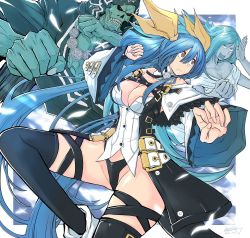 Rule 34 | 1girl, angel wings, asymmetrical wings, back, bare shoulders, black panties, black thighhighs, blue hair, border, clenched hands, detached collar, detached sleeves, dizzy (guilty gear), fighting stance, guilty gear, guilty gear xrd, hair between eyes, hair rings, highres, long hair, looking at viewer, mariebell, monster girl, necro (guilty gear), open mouth, panties, red eyes, ribbon, sidelocks, signature, tail, tail ornament, tail ribbon, thigh strap, thighhighs, twintails, underwear, undine (guilty gear), white border, wide sleeves, wings