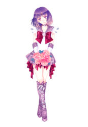 Rule 34 | 1girl, bad id, bad pixiv id, bishoujo senshi sailor moon, blunt bangs, bob cut, boots, bouquet, bow, bowtie, brooch, choker, cross-laced footwear, crossed legs, crystal, earrings, elbow gloves, flower, full body, gloves, highres, jewelry, looking at viewer, pink flower, pink rose, pleated skirt, purple eyes, purple footwear, purple hair, purple skirt, red bow, rose, sailor collar, sailor saturn, shoes, short hair, skirt, solo, sparkle, star brooch, sudou kira, tomoe hotaru, watson cross, white background, white gloves