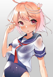 Rule 34 | 10s, 1girl, :o, ahoge, bad id, bad pixiv id, grey background, hair ornament, i-58 (kancolle), kantai collection, kurogoma (haruhi3), neckerchief, open mouth, parted lips, pink eyes, pink hair, red neckerchief, sailor collar, school swimsuit, school uniform, serafuku, short hair, short sleeves, solo, swimsuit, swimsuit under clothes, wet