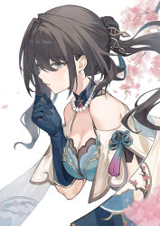 Rule 34 | 1girl, aqua dress, aqua eyes, asymmetrical sidelocks, bare shoulders, bead necklace, beads, blue gloves, breasts, brown hair, cherry blossoms, chinese clothes, cleavage, clothing cutout, detached collar, dress, earrings, floating hair, gloves, hair between eyes, hair intakes, hair ornament, hand up, hashtag-only commentary, highres, honkai: star rail, honkai (series), jewelry, large breasts, looking ahead, necklace, ponytail, purple tassel, rararamax, ruan mei (honkai: star rail), shoulder cutout, sideways mouth, simple background, solo, upper body, white background