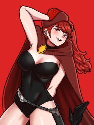 Rule 34 | 1girl, anna (fire emblem), anna (fire emblem) (cosplay), beret, black choker, black leotard, blush, breasts, cape, choker, cosplay, fire emblem, fire emblem warriors, gloves, hat, high heels, highres, leotard, long hair, medium breasts, mnejing30, nintendo, open mouth, persona, persona 5, red background, red cape, red eyes, red gloves, red hair, red hat, sheath, solo, teeth, upper teeth only, yoshizawa sumire