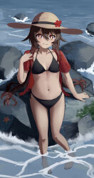 Rule 34 | 1girl, absurdres, beach, bikini, black bikini, black nails, breasts, closed mouth, commentary, feet, genshin impact, hat, highres, hu tao (genshin impact), nail polish, navel, ocean, open clothes, partially submerged, red eyes, red shirt, rock, shirt, short sleeves, small breasts, smile, soles, solo, sozoroame, sun hat, swimsuit, toenail polish, toenails, toes, twintails, water