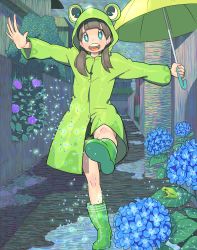 Rule 34 | 1girl, animal hood, blue flower, boots, bright pupils, brown hair, building, flower, frog, full body, green footwear, green jacket, green umbrella, highres, holding, holding umbrella, hood, hood up, hooded jacket, hydrangea, jacket, leaf, long hair, nobile1031, original, outstretched arms, puddle, purple flower, rubber boots, solo, teeth, twintails, umbrella, upper teeth only, walking, water, white pupils