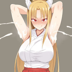Rule 34 | 1girl, animal ears, armpits, arms behind head, blonde hair, blush, breasts, cum, fox ears, grey background, highres, large breasts, long hair, looking at viewer, migchip, original, projectile cum, red eyes, slit pupils, solo, sweat