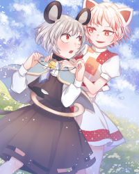 Rule 34 | 2girls, animal ears, bell, black neckwear, blue cape, blue flower, cape, cat ears, cat tail, cloud, cloudy sky, crystal, dress, flower, goutokuji mike, grass, grey dress, grey hair, hands on another&#039;s shoulders, hands up, highres, long sleeves, looking at another, mouse ears, multicolored clothes, multicolored shirt, multicolored skirt, multiple girls, nazrin, neck bell, open mouth, orange eyes, puffy short sleeves, puffy sleeves, purple flower, red eyes, shirt, short hair, short sleeves, skirt, sky, smile, standing, t-shirt, tail, toraneko 2, touhou, unconnected marketeers, white flower, white hair, white shirt, white skirt, yellow flower, yuri
