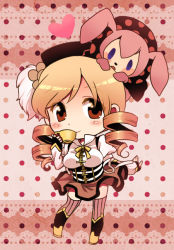 Rule 34 | 10s, beret, blonde hair, boots, charlotte (madoka magica), chibi, corset, cup, drill hair, fingerless gloves, gloves, hair ornament, hat, magical girl, mahou shoujo madoka magica, mahou shoujo madoka magica (anime), n-mix, pleated skirt, polka dot, polka dot background, skirt, striped clothes, striped thighhighs, tea, teacup, thighhighs, tomoe mami, vertical-striped clothes, vertical-striped thighhighs, yellow eyes