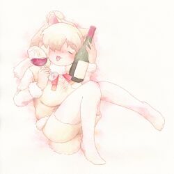 Rule 34 | 1girl, :3, alcohol, alpaca ears, alpaca girl, alpaca suri (kemono friends), alpaca tail, animal ears, blush, bottle, bow, bowtie, closed eyes, commentary request, cup, drinking glass, fur collar, fur trim, hair between eyes, hair bun, hair tubes, highres, kemono friends, long sleeves, lying, mitsuhashi (mtsu84), no shoes, on side, open mouth, pantyhose, pantyhose under shorts, red bow, red bowtie, shorts, simple background, solo, sweater, tail, vest, white background, white fur, white hair, white pantyhose, white shorts, white sweater, white vest, wine, wine bottle, wine glass