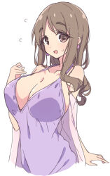 Rule 34 | 1girl, breasts, brown eyes, brown hair, cleavage, collarbone, commentary request, dress, earrings, highres, jewelry, large breasts, long hair, looking at viewer, matsumoto yoriko, mature female, mel (melty pot), open mouth, purple dress, simple background, sleeveless, sleeveless dress, solo, white background, yuyushiki