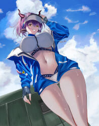 Rule 34 | 1girl, animal ears, arknights, bikini, blue jacket, blue sky, cloud, commentary, cowboy shot, day, fingerless gloves, gloves, grin, highres, horns, jacket, long sleeves, looking at viewer, navel, off shoulder, official alternate costume, open clothes, open jacket, puranetto (vjun4748), purple hair, short hair, sideroca (arknights), sideroca (light breeze) (arknights), sky, smile, solo, standing, stomach, swimsuit, thighs, visor cap, white bikini, yellow eyes