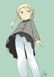 Rule 34 | 1girl, blonde hair, blue eyes, female focus, from below, highres, pantyhose, satsuyo, simple background, skirt, solo, twintails, upskirt, white pantyhose