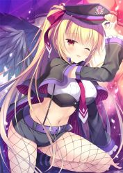 Rule 34 | 1girl, arm up, belt, black hat, black shorts, blonde hair, breasts, capelet, crop top, detached sleeves, feathered wings, fishnet pantyhose, fishnets, frills, hair ribbon, hat, jpeg artifacts, large breasts, long hair, long sleeves, looking at viewer, micro shorts, midriff, navel, necktie, one eye closed, original, pantyhose, peaked cap, ponytail, red eyes, ribbon, shirt, short shorts, shorts, solo, stomach, suspenders, takano yuki (allegro mistic), thighs, tongue, tongue out, very long hair, white shirt, wings