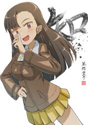 Rule 34 | 1girl, artist name, brown eyes, brown hair, brown jacket, chi-hatan military uniform, commentary, cowboy shot, girls und panzer, hand on own hip, hand on own face, highres, jacket, kanji, kuroneko douji, long hair, long sleeves, looking at viewer, military, military uniform, miniskirt, nishi kinuyo, open mouth, pleated skirt, signature, skirt, smile, solo, standing, star (symbol), straight hair, translated, uniform, white background, yellow skirt
