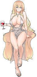 Rule 34 | absurdres, alcohol, azur lane, bad id, bad pixiv id, blonde hair, blue eyes, breasts, chroong, cleavage, cosplay, cup, dress, drinking glass, full body, highres, jewelry, large breasts, long hair, necklace, original, revealing clothes, sandals, smile, st. louis (azur lane), st. louis (azur lane) (cosplay), st. louis (luxurious wheels) (azur lane), thighs, very long hair, white dress, wine, wine glass