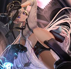 Rule 34 | 1girl, arm up, azur lane, belt pouch, black footwear, black gloves, black hair, black hat, black necktie, black shorts, boots, buttons, collared shirt, commentary request, cowboy shot, crop top, cross-laced footwear, cuffs, dutch angle, electricity, eyebrows hidden by hair, gloves, gun, hair between eyes, hand on own head, handcuffs, hat, highres, holding, holding gun, holding handcuffs, holding weapon, id card, knee boots, lace-up boots, long hair, looking at viewer, low ponytail, midriff, minsk (azur lane), minsk (thunderous jailor) (azur lane), multicolored hair, navel, necktie, parted lips, peaked cap, pink sky, pouch, prison, purple eyes, sei (saya sea), shirt, short shorts, shorts, sidelocks, sky, sleeve cuffs, smile, solo, standing, standing on one leg, streaked hair, suspender shorts, suspenders, taser, very long hair, weapon, white hair, white shirt